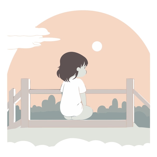 Vector illustration of a little girl sitting on the balcony in the evening