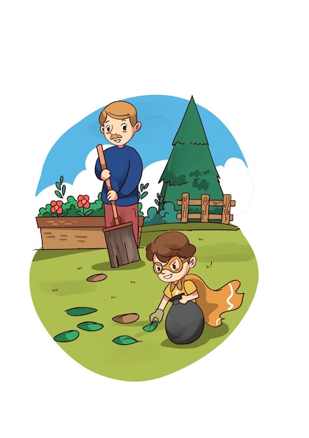 illustration of super hero kid helping dad in garden
