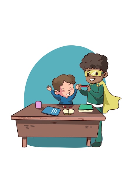illustration of super hero kid helping learning