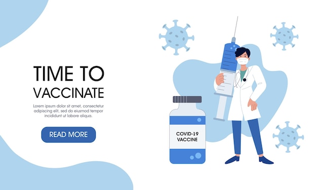 Вектор Пришло время сделать прививку. шаблон целевой страницы. современная концепция плоского веб-дизайна. врач в санитарной маске держит шприц с вакциной для защиты от возбудителей коронавируса.