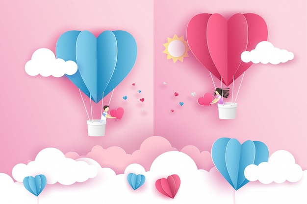 Прекрасная пара на оригами розовый шар сердце летит на небе над облаком в день Святого Валентина.