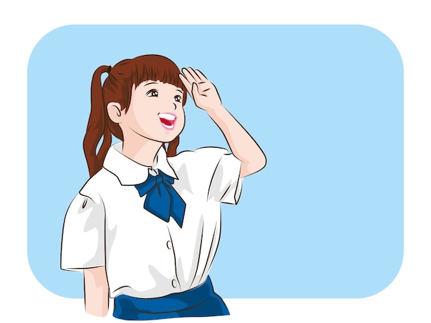 Vector lovely girl in uniform thai student will presenting and smiling face over blue background