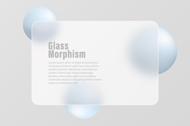 Vector light background from a 3d sphere with a rectangular plate of glass morphism in the center horizontal banner template with a translucent frame for text and levitating balls spheres