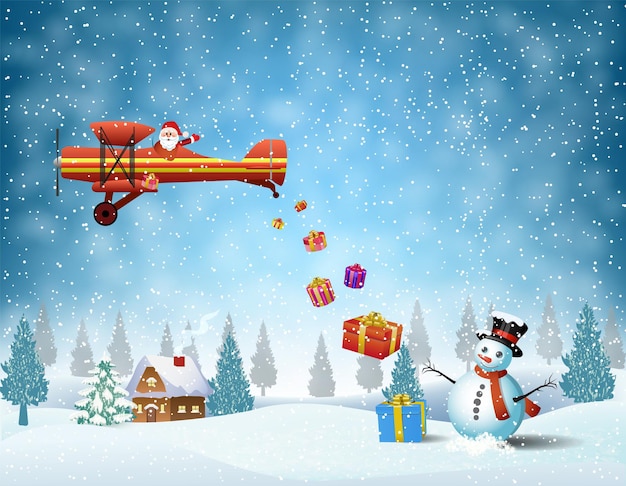 Легкий самолет с Дедом Морозом пролетает над лесом, домом, снеговиком и кидает подарки. . Рождественская открытка, приглашение, фон, шаблон оформления.