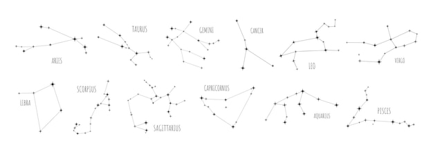 Vector a line of constellations with the names of the stars and the names of the stars.