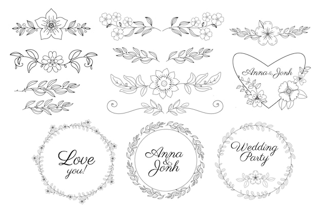 Vector linear flat wedding ornaments collection