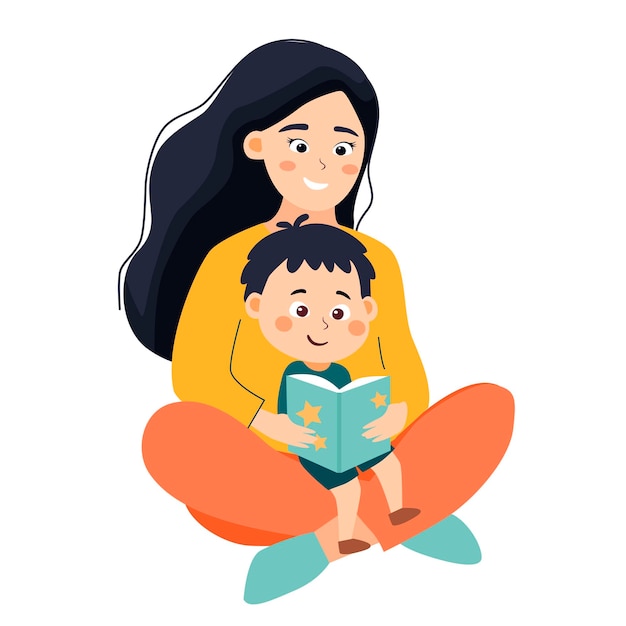 Вектор Мать читает книгу со своим ребенком учит читать своего сына плоская векторная иллюстрация