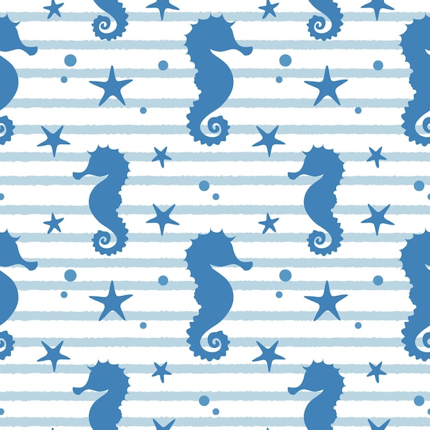 Морской рисунок с силуэтом морской коньки, голубыми полосами на белом фоне, летний фон