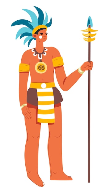 Воин майя в шляпах с копьем и перьями