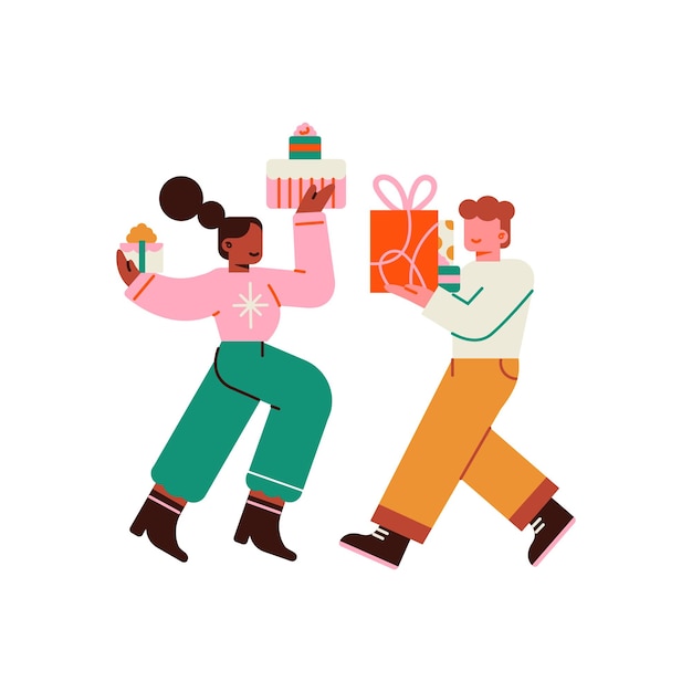 Vector man and woman with gift boxes vector illustration in flat style