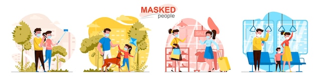 Сцены с людьми в масках в плоском стиле