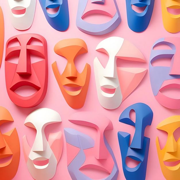 Вектор Маски с различными эмоциями на розовом фоне 3d-иллюстрация