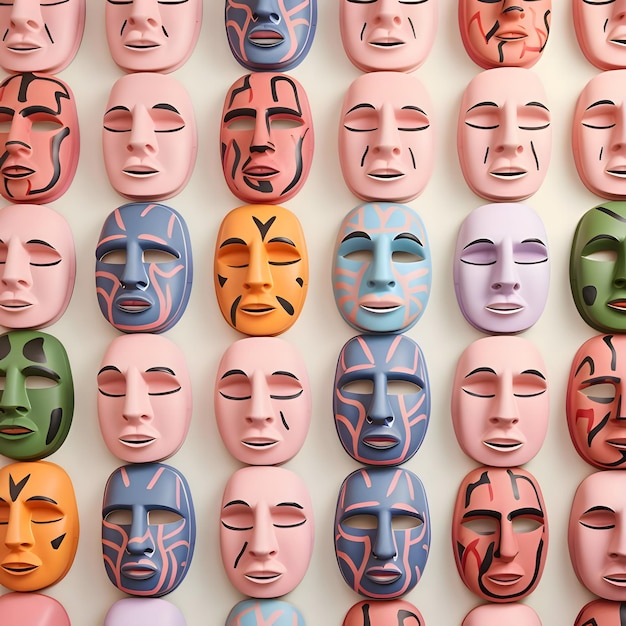 Вектор Маски с различными выражениями лица 3d-иллюстрация бесшовный рисунок