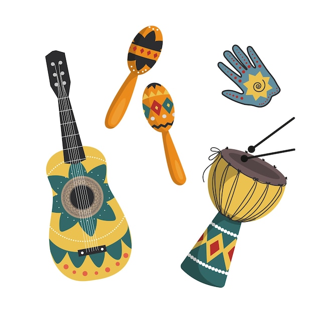 Vector mexican musical instruments with national patterns. bright guitar, drum and maracas. national color. isolated design elements on a white background.
