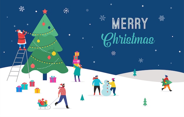 Счастливого Рождества, зимняя сцена с большой рождественской елкой и маленькими людьми, молодые мужчины и женщины, семьи, весело проводящие время в снегу, украшающие елку, катаются на лыжах, сноуборде, санях, на коньках