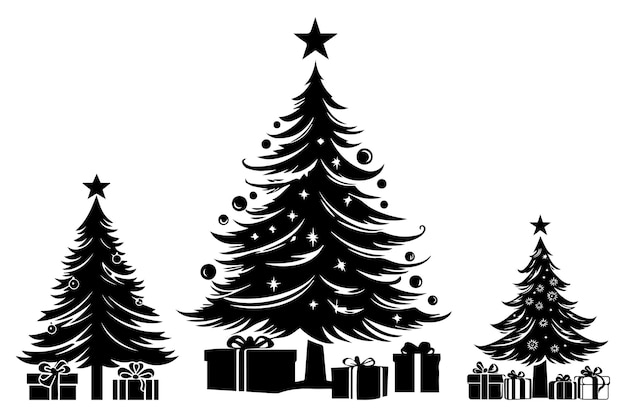 Vector set of new year christmas trees with gifts silhouette design isolated vector