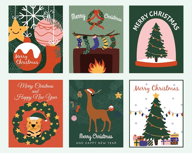 Вектор Набор из шести плакатов или поздравительных открыток с новым годом или рождеством.