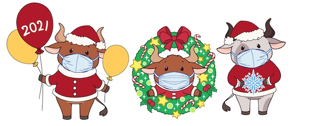 Набор милый мультфильм коров в медицинской маске и Рождественский костюм.