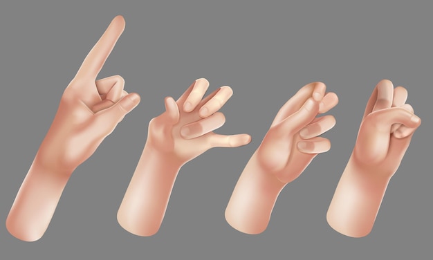 Vettore set di cartoni animati d mani gruppo mano segno di pace segno ok toccare indicare mano alta cinque mano uomini e donne...