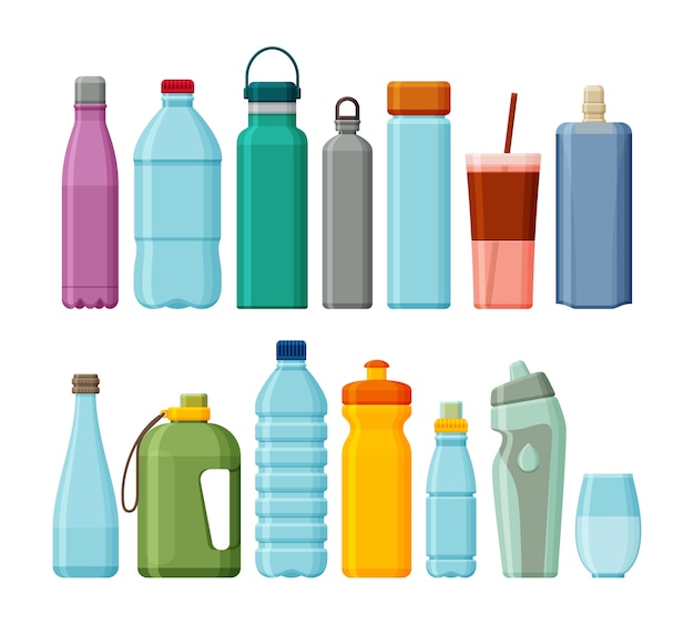 Vector set of different sport and plastic water bottles isolated