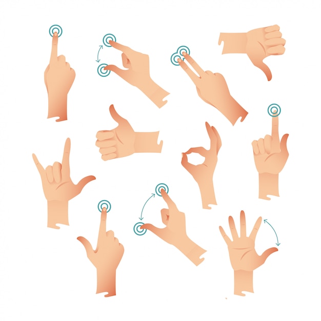 Vettore set di mani umane applausi toccare aiutando gesti d'azione. illustrazione