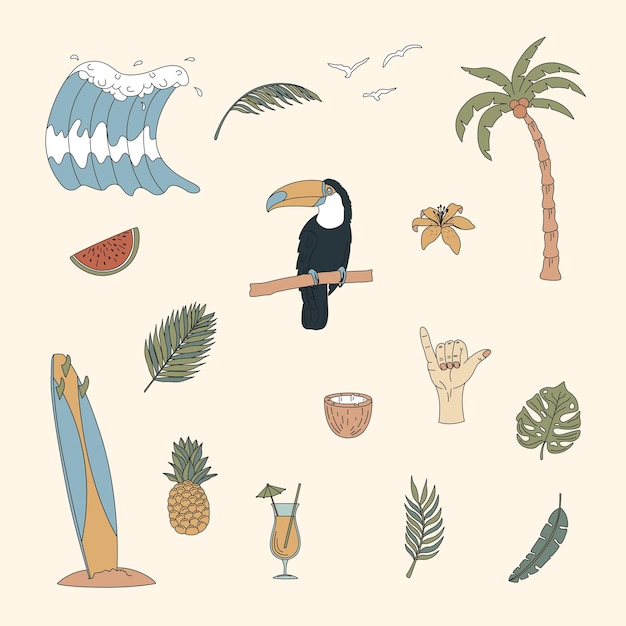 A set of hand drawn surfing elements Waves surfboard palm trees tropical leaves and more
