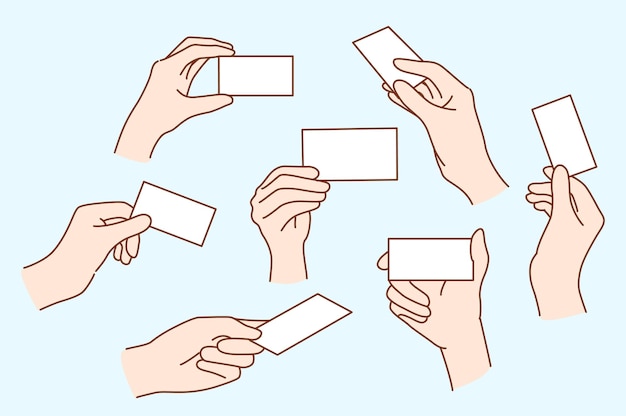 Vector set of person hands stretch hand offer mockup business card to client or customer collection of people give contact suggest businesscard introduction and acquaintance vector illustration
