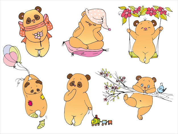 набор векторных иллюстраций милого мультяшного медведя, набор наклеек