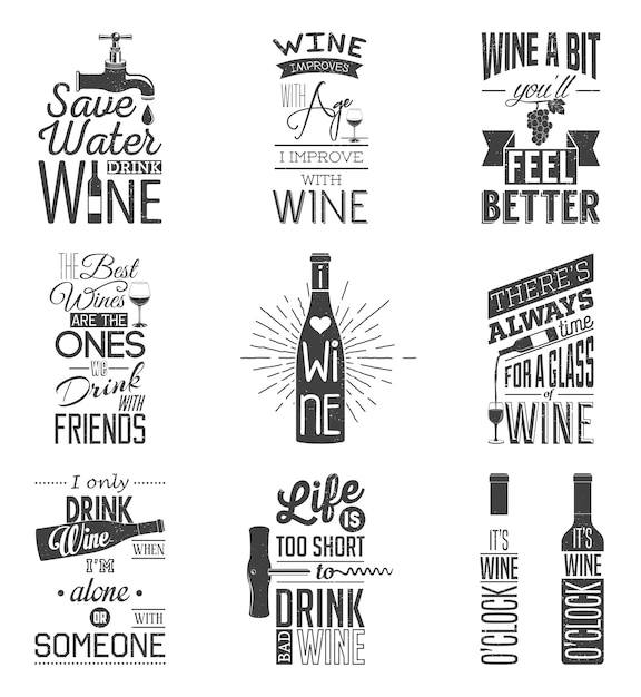 Vector set of vintage wine typographic quotes. grunge effect