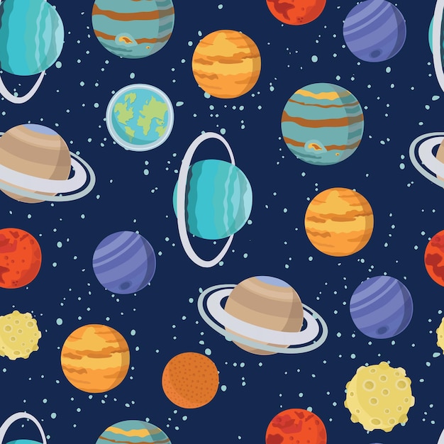Seamless space pattern with solar system planet moon and stars