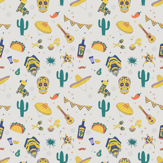 Seamless pattern with Mexican elements Cactus skull hat and more Handdrawn flat vector illustration