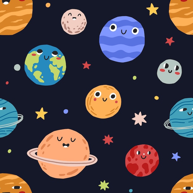Seamless pattern with cute childish planets with funny faces and stars in space. Repeatable background with kawaii solar system objects. Flat vector cartoon illustration.