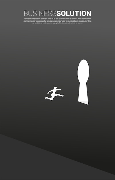 Vector silhouette of businessman jumping to key hole exit on the wall. find the solution concept vision mission and goal of business