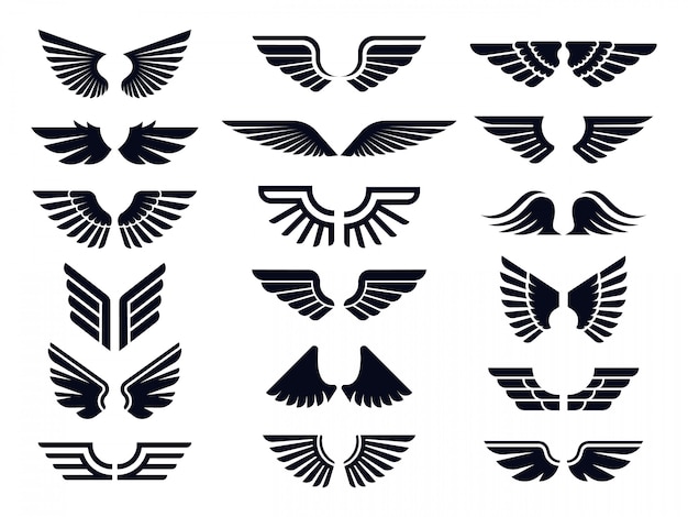 Vector silhouette pair of wings icon. angel wing, decorative fly emblem and eagle stencil symbols vector icons bundle