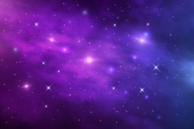 Космическая туманность галактики, звездная пыль и сияющие звезды. Звездная вселенная вектор космический фон с синей и фиолетовой реалистичной туманностью и светящимися звездами. Бесконечный космос, обои или фон ночного неба