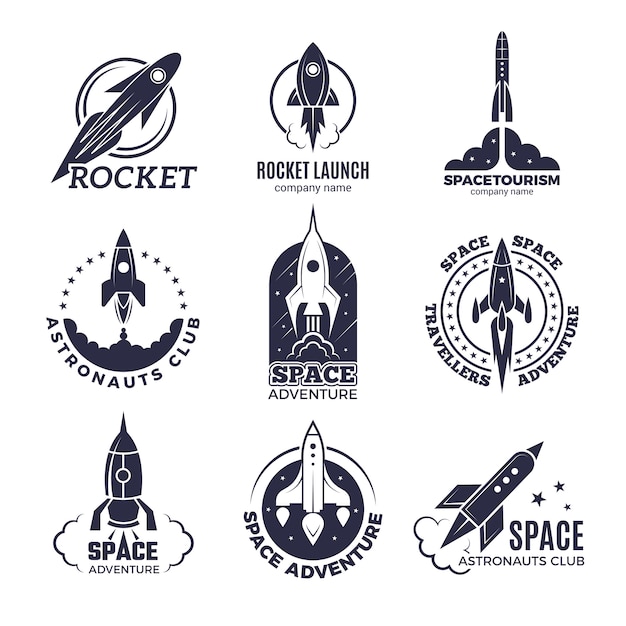 Vector space logotypes. rockets and flight shuttle moon discovery business retro badges vector monochrome pictures