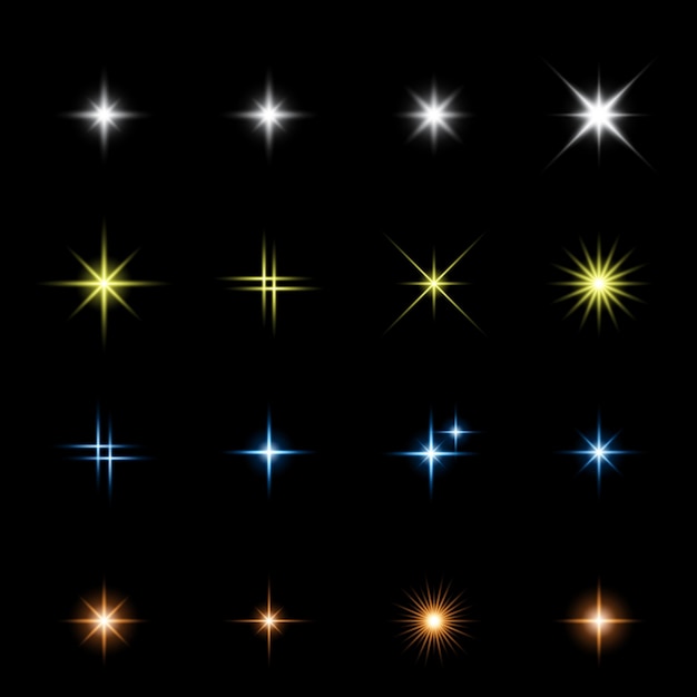 きらめく星、ベクトル輝く星の光の効果。キラキラ魔法の星が火花を散らします。星と輝きのコレクション。ベクトルイラスト