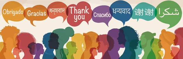 Vector speech bubbles with text thank you in various languages silhouette multicultural people