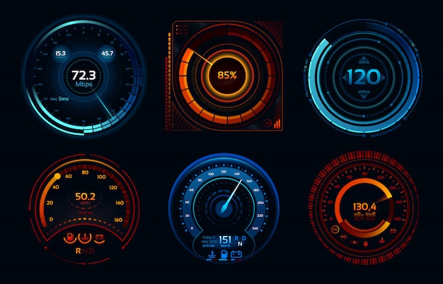 Vector speedometer indicators. power meters, fast or slow internet connection speed meter stages