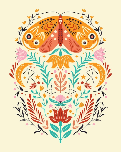 Vector spring motifs in folk art style. colorful flat with moth, flowers, floral elements and moon.