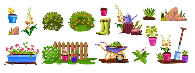 Вектор Весенний садовый инвентарь с элементами природы с цветущими кустами, вазонами, забором, рассадой, камнем.