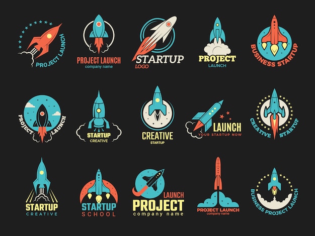 Vector startup logo. business launch perfect idea spaceship rocket shuttle startup symbols  colored badges