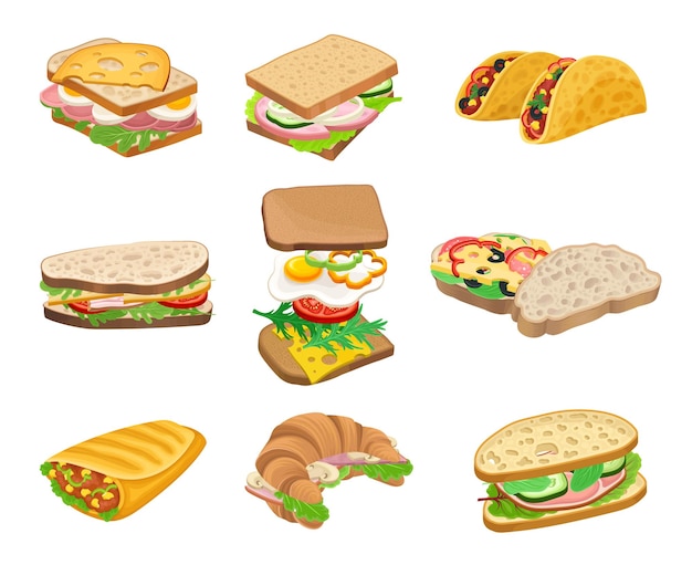 Vector subs en sandwiches met verschillende ingrediënten vector set fastfood meal concept