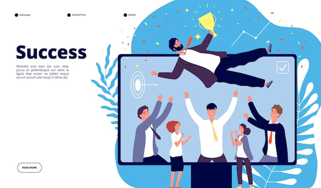 Vector successful team businessmen group employees throw happy colleague up in air people celebrating victory happy manager vector landing page illustration team throw up boss happy group