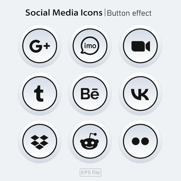 Popular social media white 3d icons button effect set