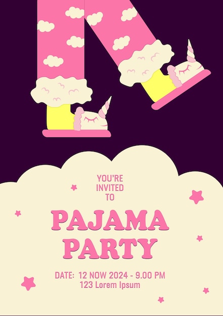 Вектор Плакат с приглашением на вечеринку в пижаме ноги в тапочках единорога векторная иллюстрация