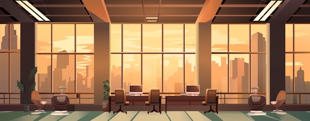 Панорамный вид на современный интерьер лофта, открытый домашний офис с мебелью для корпоративной или внештатной работы