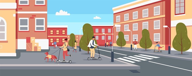 Люди на скутере в городе Персонажи мультфильмов ездят на электрическом скутере в уличном движении современный городской транспорт концепция аренды скутера Векторная городская иллюстрация транспортного средства