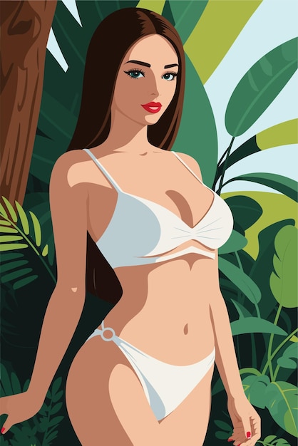 Вектор Идеальное тело женщины в бикини купаться носить в тропической векторной иллюстрации