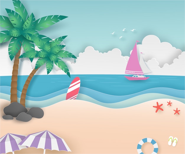 Розовая лодка в море и кокосовые пальмы на пляже летом с бумаги вырезать